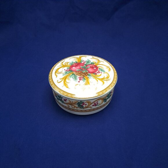 Mikasa Holiday Orchard Covered Candy Dish Trinket Box Christmas Gold Accents - Picture 1 of 13